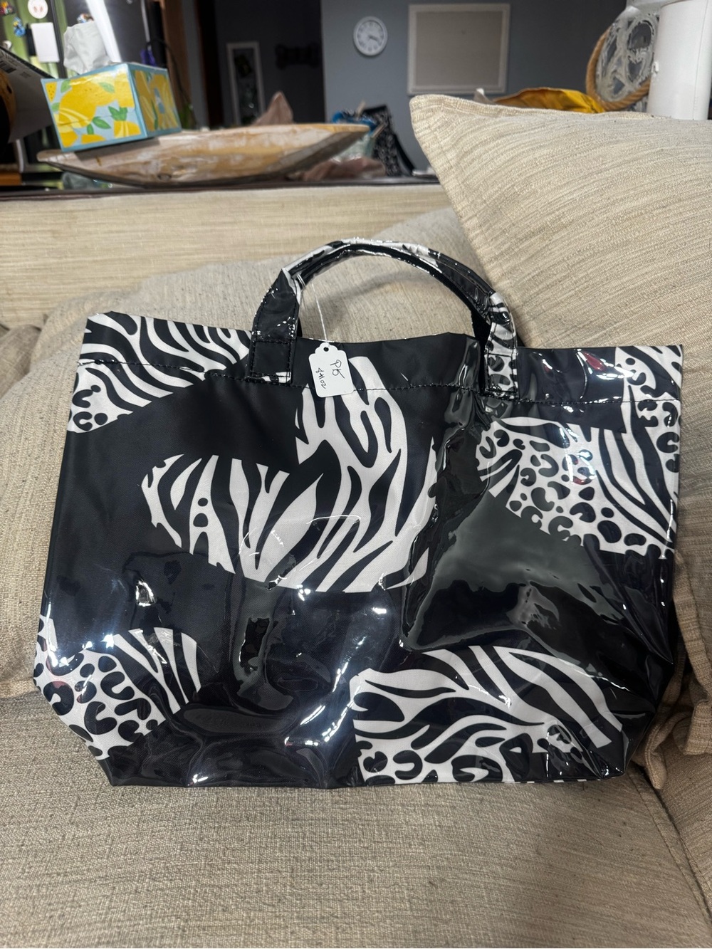 Black & White Zebra Print Vinyl Tote Bag - Women’s Carryall